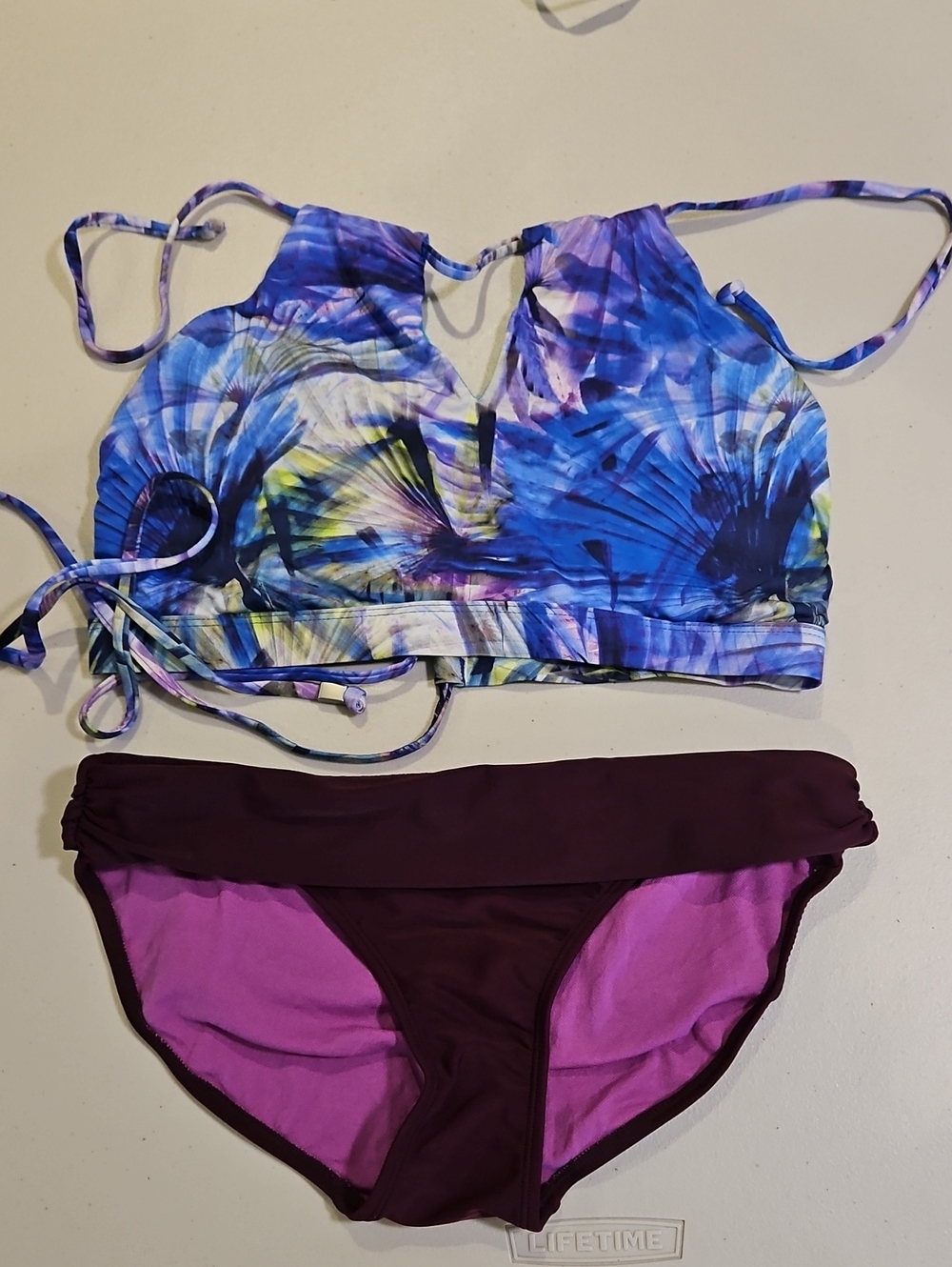 Athleta Blue Floral Tie-Back Swim Top with Plum and Magenta Bikini Bottoms